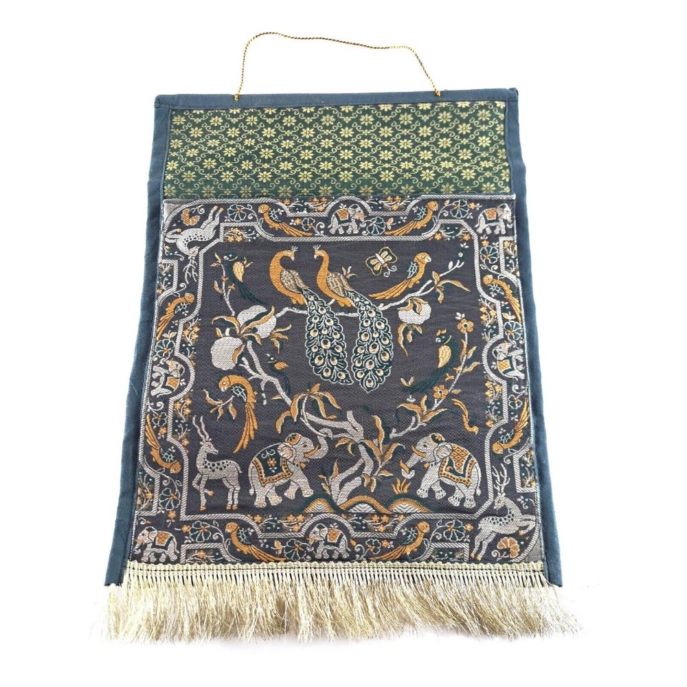 Wall Hanging Pouch Peacocks Elephants Metallic Gold Black Jungle Fringe 15x11